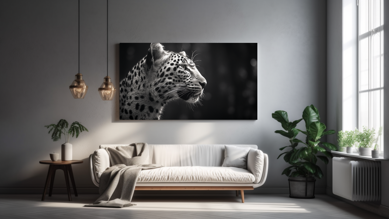 Obraz – Leopardí Profil Čiernobiely – AiArt 16:9