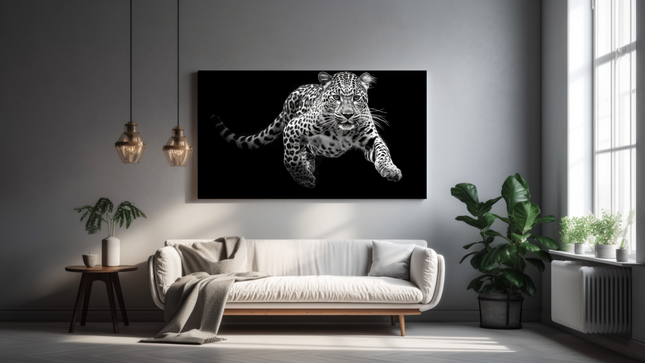 Obraz – Leopardí Skok Čiernobiely – AiArt 16:9